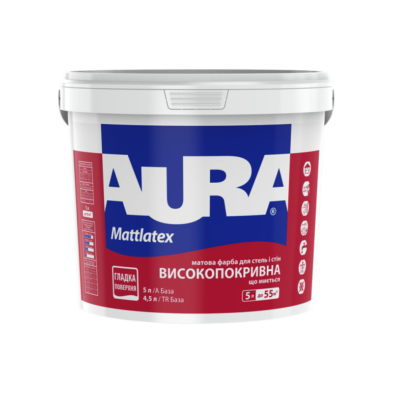 Краска AURA Mattlatex  интерьерная моющаяся (матовая), 5 л (Акция) — строительные материалы для мастеров и прорабов | Dirom
