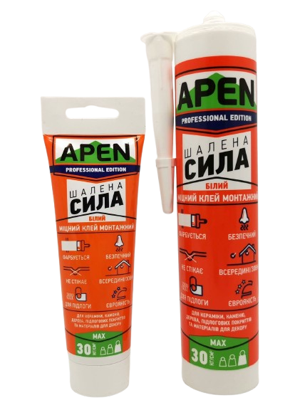 Клей монтажный APEN "Шалена сила" для тяжелых конструкций (белый), 280 мл — строительные материалы для мастеров и прорабов | Dirom